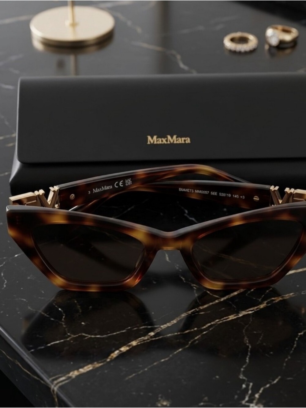 MaxMara Tortoise Shell Cat-Eye Sunglasses with Gun Metal M LOGO